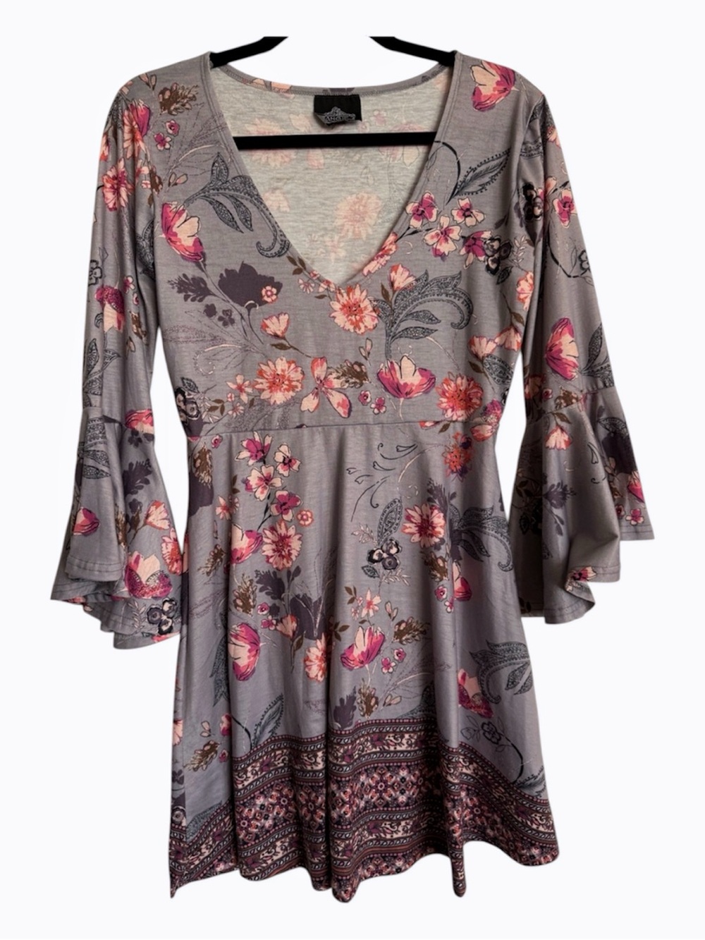 Angie Gray Boho Floral Bell Sleeve V-Neck Mini Dress L